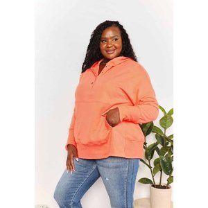 Quarter-Snap Dropped Shoulder Hoodie Solid Casual Relaxed Long Sleeves PLUS SIZE